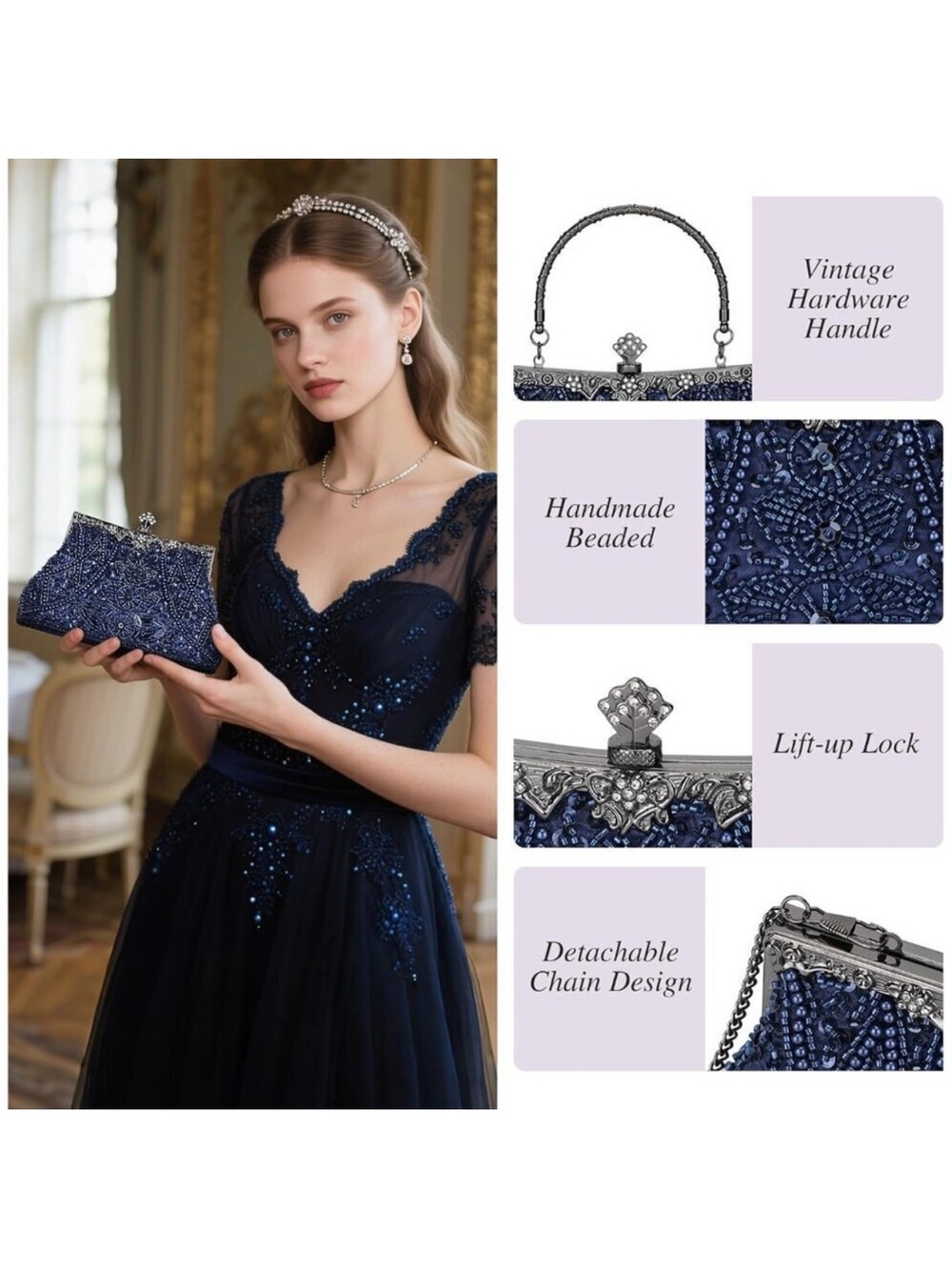 1920s Beaded Satin Clutch Bag for Evening Weddings Proms Black - Picture 2 of 8